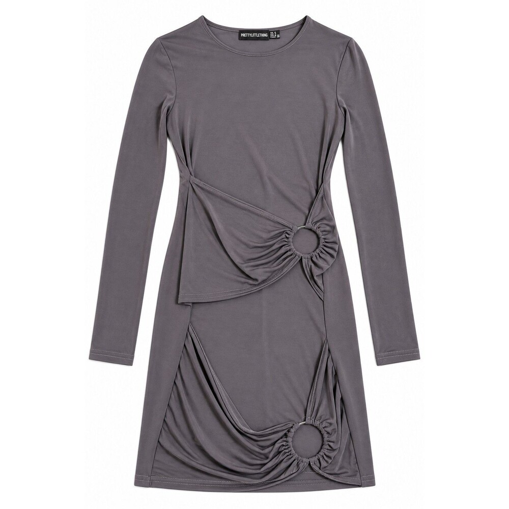 PrettyLittleThing Gray Ring Ruched Bodycon Mini Dress Going Out Y2k Size 4
